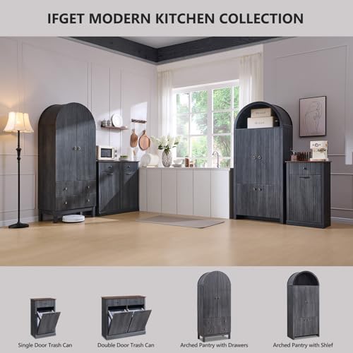 71" Tall Arched Kitchen Pantry, Modern Fluted Wood Storage Cabinet with Doors A419441