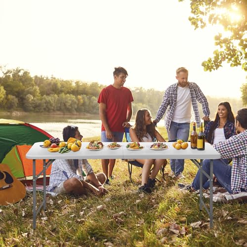 Portable 4 Foot Plastic Folding Table, Indoor Outdoor Heavy Duty with Carrying Handle, White I854764