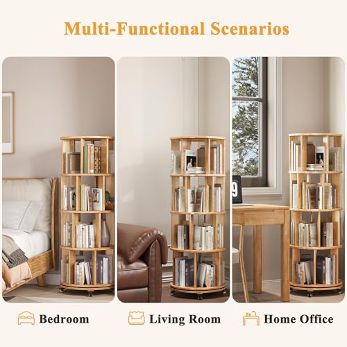 6 Tier Rotating Bookshelf Tower with Swivel Wheels, Solid Wood, Walnut B588