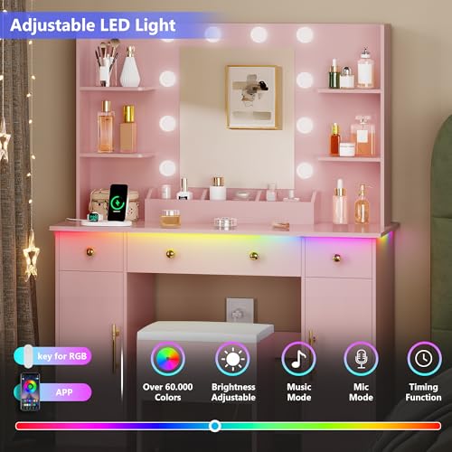White Vanity Desk with Mirror and Lights, Charging Station and Stool Z6519
