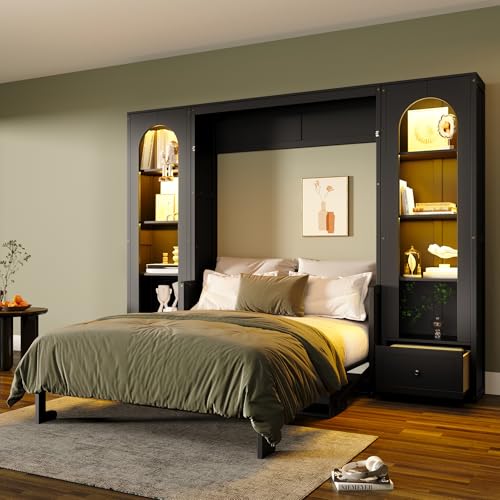 Merax Queen Murphy Bed Wall Bed with Sofa and Cushion, White V57291