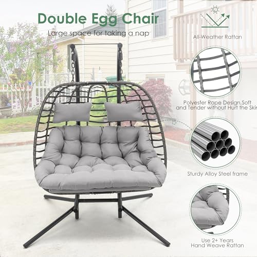 Double Egg Swing Chair with Stand, Rattan Wicker, UV Resistant Cushion, Metal Frame N439669