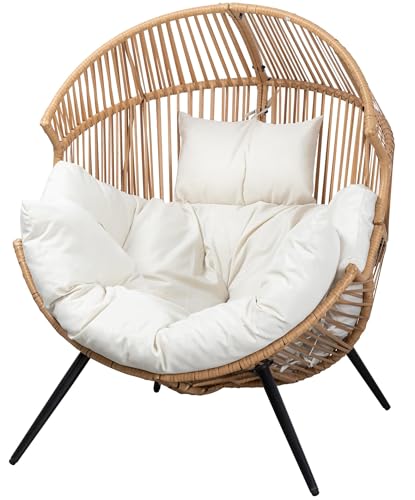 JAMFLY Egg Chair Wicker Outdoor Patio Lounger with Cushion, Beige O9160
