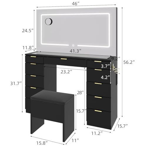 Farmhouse Vanity Desk with Lighted Mirror & Stool, 8 Shelves, 5 Drawers L80251