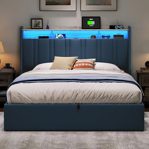LINSY Lift Up Storage Queen Bed Frame with LED Lights and Charging Station, Dark Grey I29937