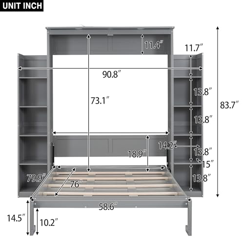 Merax Queen Size Wood Murphy Bed with LED Lights and Shelves, Grey K26344