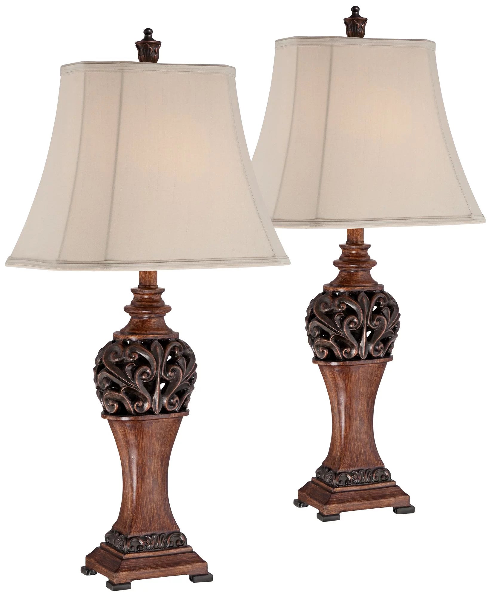 Regency Hill Exeter Table Lamps 30" Set of 2 Bronze Wood Carved Leaf Shade P490