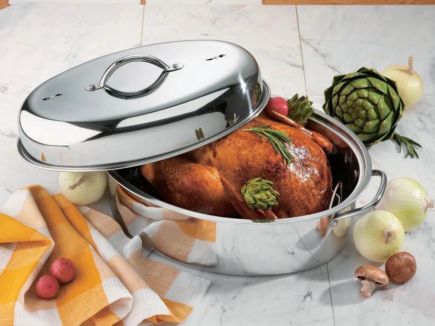 Oval Turkey Roaster with Rack and Lid, 42cm Stainless Steel H921