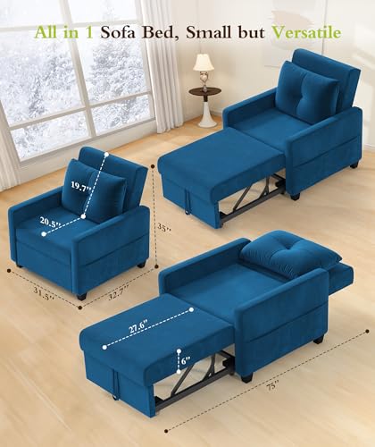 3 in 1 Convertible Sleeper Chair Sofa Bed with Adjustable Backrest, Blue M92497