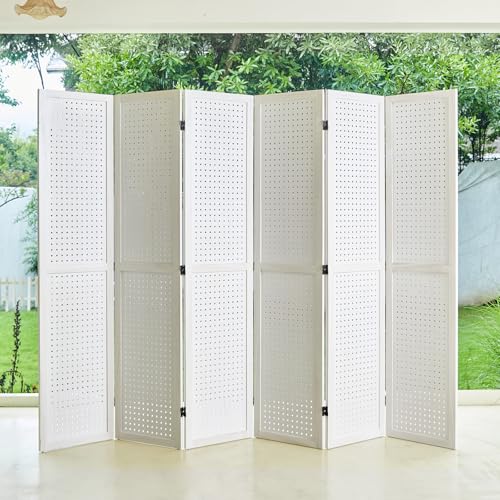Pegboard Display 5.6Ft Wooden Room Divider Folding Privacy Screen Freestanding Wall Organizer, 4 Panels, Natural C603