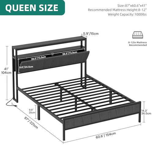 YITAHOME Queen Bed Frame with Storage Headboard, LED, Charging Station, Gray X281055