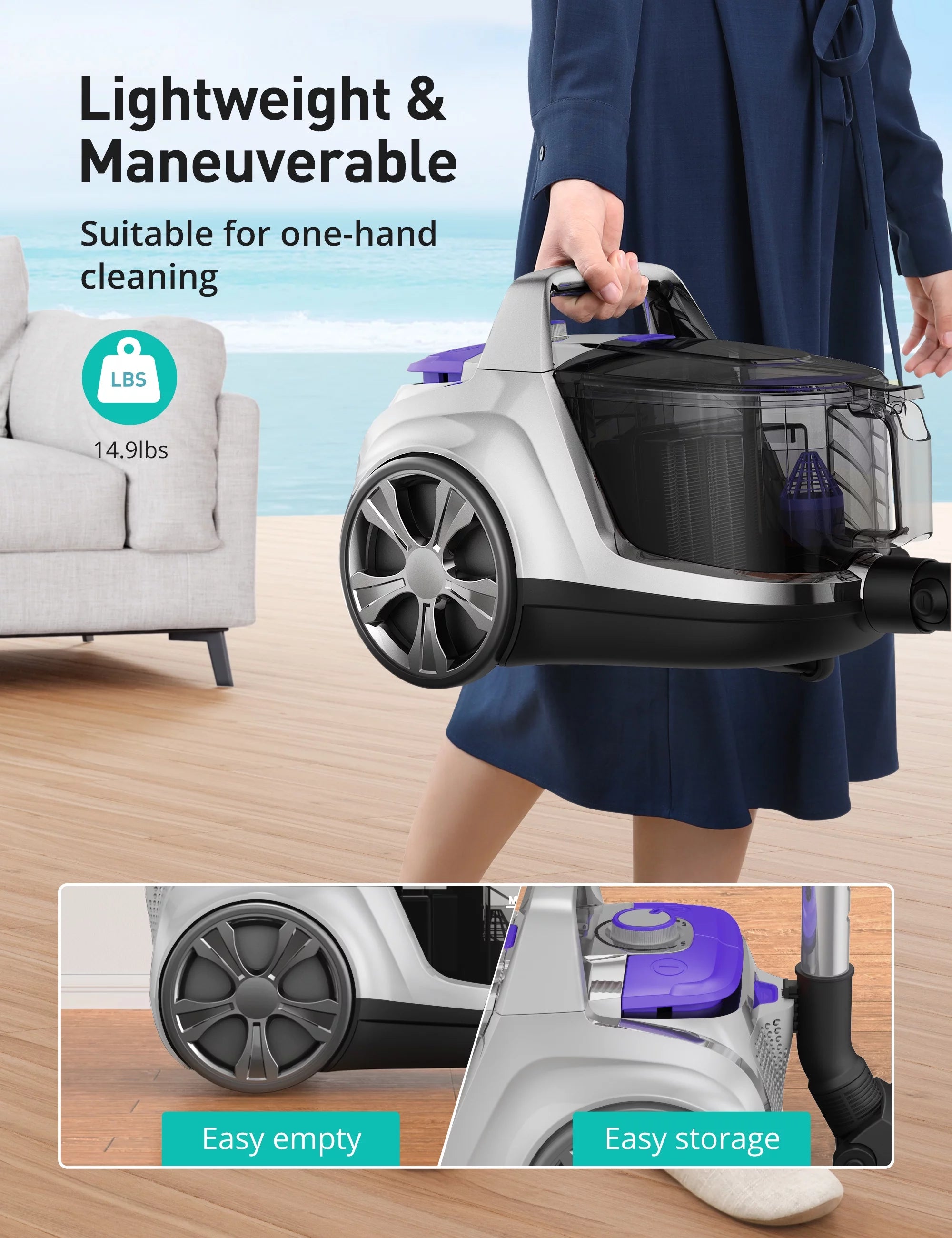 Aspiron Bagless Canister Vacuum Cleaner with Double HEPA Filter Y6978