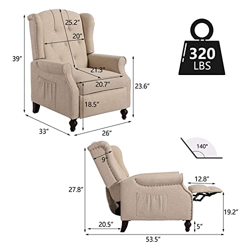 Wingback Recliner Chair with Massage and Heat, Tufted Fabric, Wooden Legs D91574