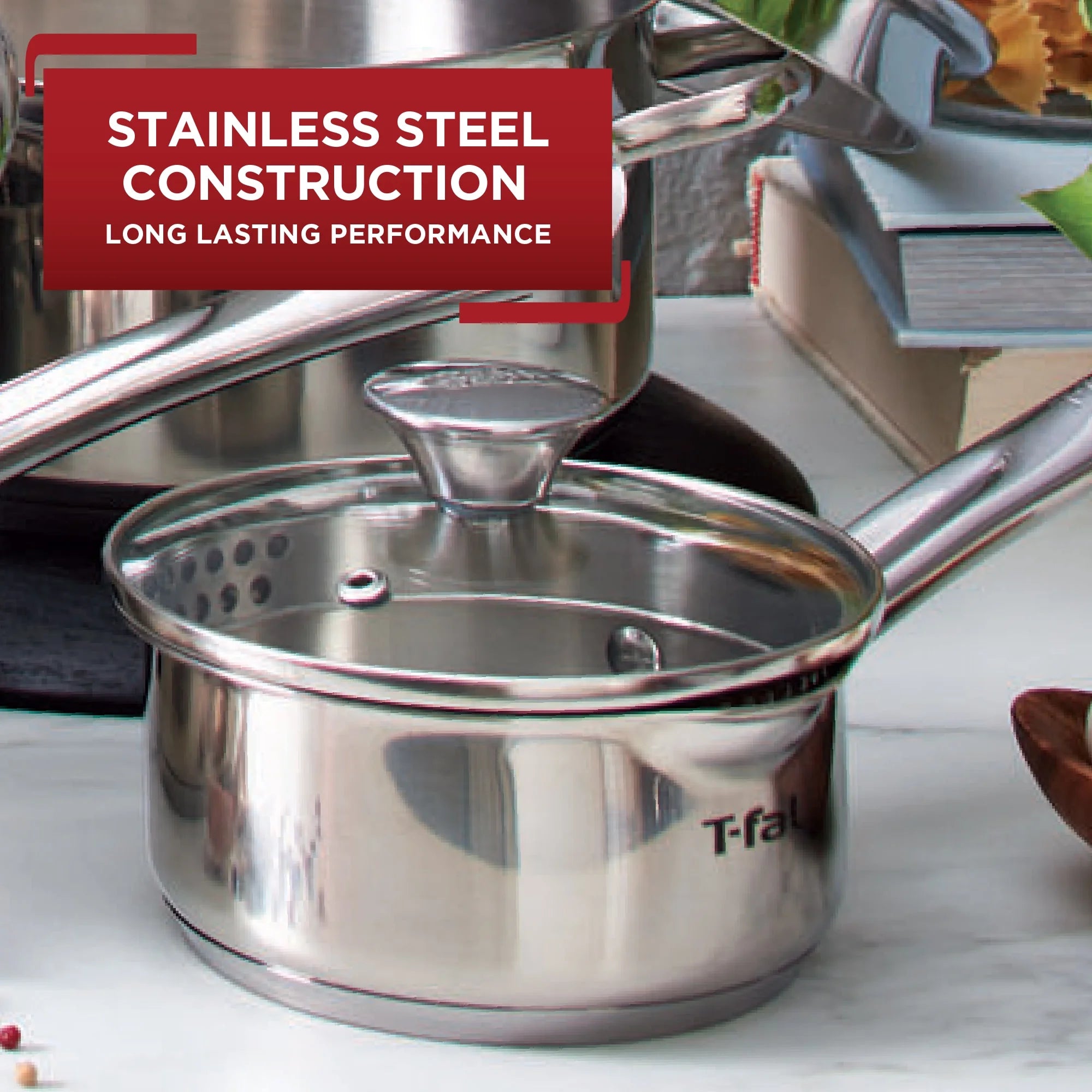 T-fal Cook & Strain Stainless Steel Sauce Pan with Lid, 3 Quart H295458