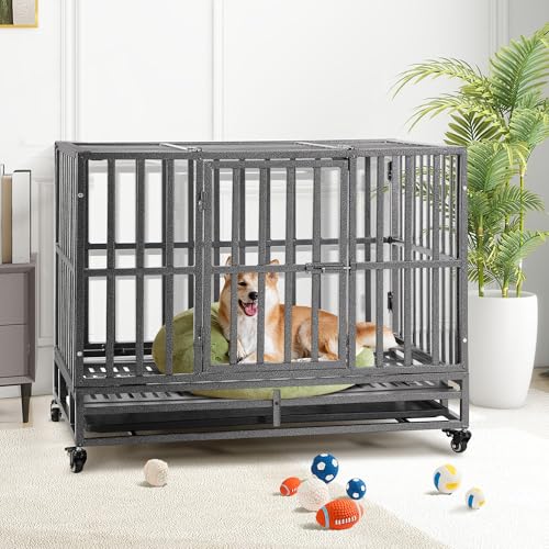 Heavy Duty Folding Dog Crate for Large Dogs, 38 Inch with Lockable Wheels and Double Door W312686