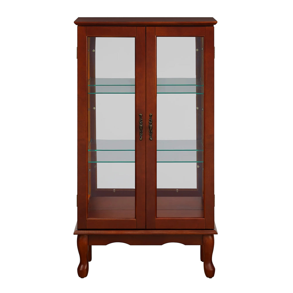 Ufurpie 3 Tier Curio Cabinet with Mirrored Back Panel and Tempered Glass Doors, Cherry M84574