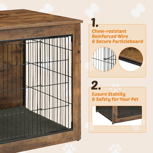Wooden Dog Crate End Table with Dual Doors, Chew-Proof Design & Cushion, 27 Inch E6718