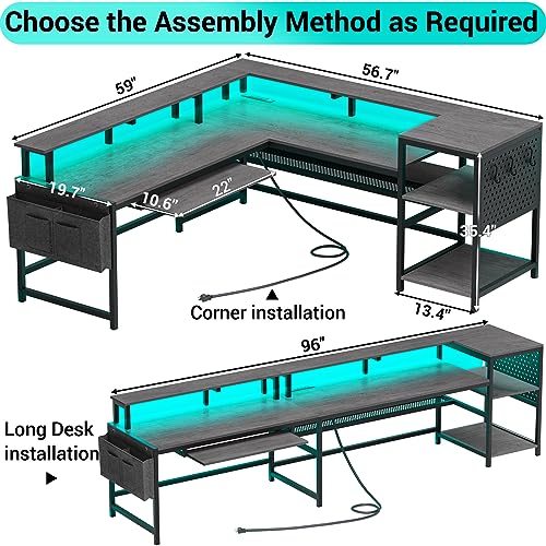 SEDETA L Shaped Gaming Desk with Power Outlets & LED Strip, Black U65690