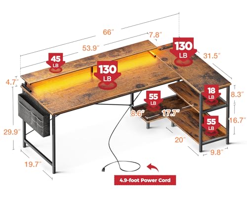 ODK 48 Inch L Shaped Gaming Desk with USB Charging Ports and LED Lights S136