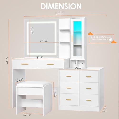 ANWBROAD 51.8" Makeup Vanity Desk with Mirror and Lights, White, 8 Drawers A92651