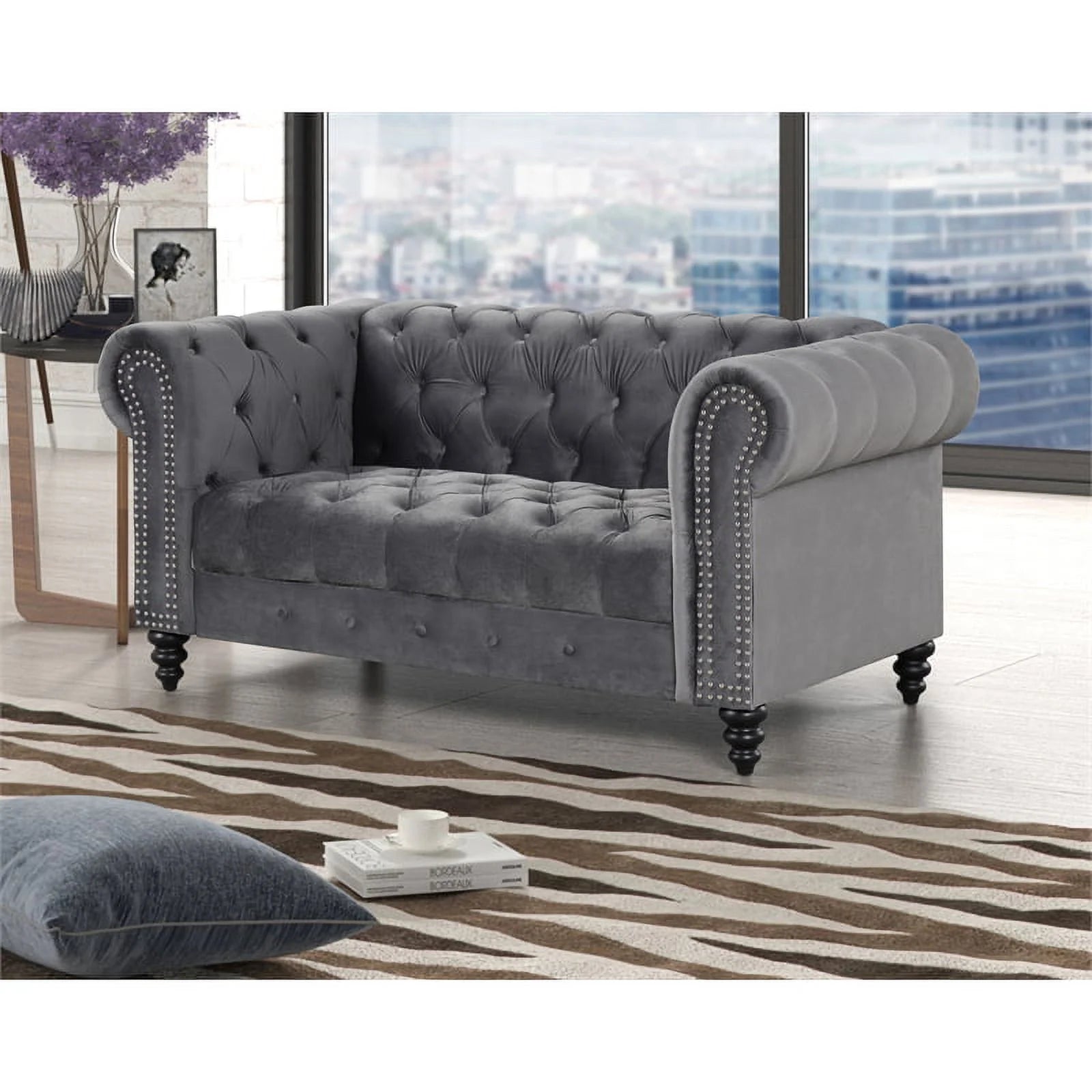 RN Furnishings Chesterfield 68" Button Tufted Velvet Loveseat Gray D6608