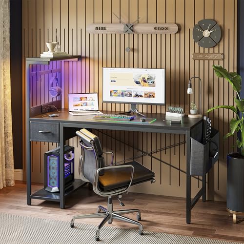 TIQLAB Gaming Desk 47 inch with Power Outlet and LED Light, Carbon Fiber Black P5873