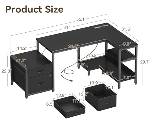 Casaottima 55 Inch L Shaped Desk with Drawers & File Cabinet, Rustic Brown B7734
