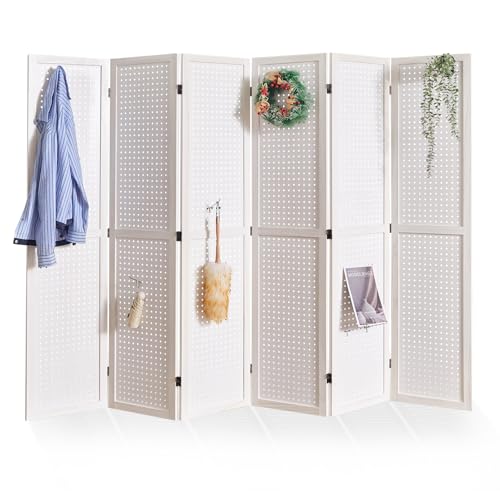 Pegboard Display 5.6Ft Wooden Room Divider Folding Privacy Screen Freestanding Wall Organizer, 4 Panels, Natural C603