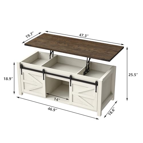 47.3" Lift Top Coffee Table with Storage and Barn Doors, White and Grey I616078