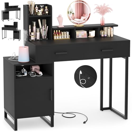 White Vanity Desk with Power Outlet and Storage Y378