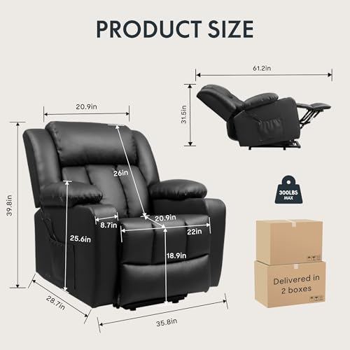 FLEXISPOT XL31 Power Lift Recliner Chair for Elderly, Electric Massage & Heat, PU Leather, Black C786106