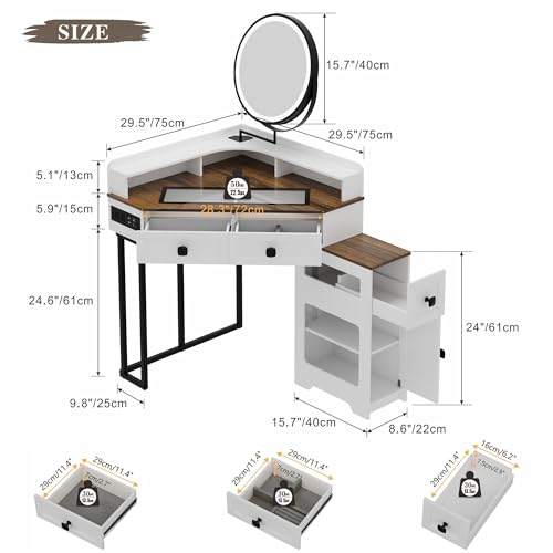 White Corner Vanity Desk with Mirror and Lights I97733