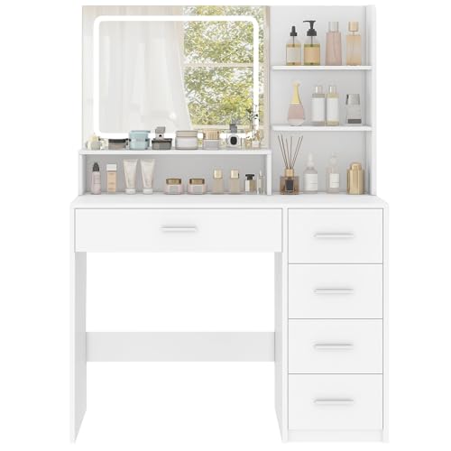 Quimoo Makeup Vanity Desk with Mirror & Lights, 5 Drawers, White Y954