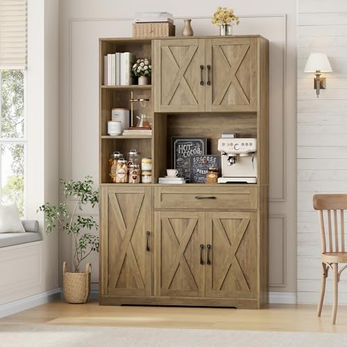 HOSTACK 71" Tall Kitchen Pantry Storage Cabinet with Microwave Stand, Barn Doors, Ash Grey H766476