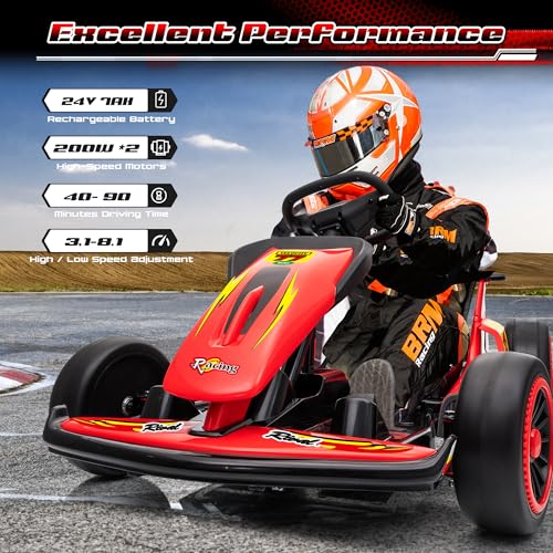 24V Electric Go Kart for Kids, 400W Drift Cart with EVA Tires, Red Y5542