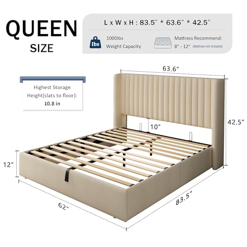 Full Size Lift Up Storage Bed with Wingback Headboard, White Y8002