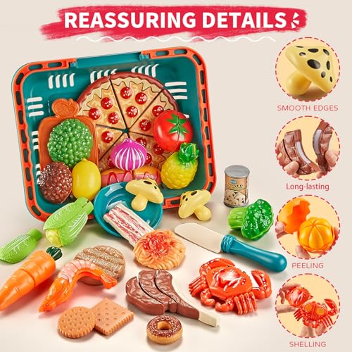 Play Food Sets for Kids Kitchen with Picnic Basket, Pizza and Cutting Toys Z1351