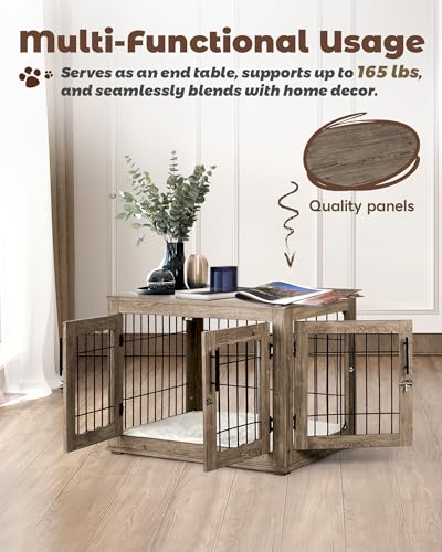 Wooden Dog Crate Furniture with Bed Mat, 32 Inch, 3 Doors, Greige X4054