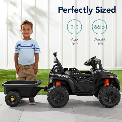Kids 12V Electric Ride On UTV Car with Trailer, Parent Control, LED Lights, Bluetooth - Black C2735