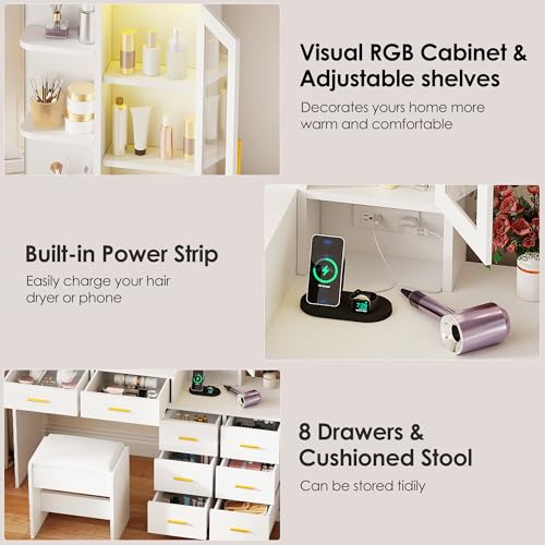 ANWBROAD 51.8" Makeup Vanity Desk with Mirror and Lights, White, 8 Drawers A92651