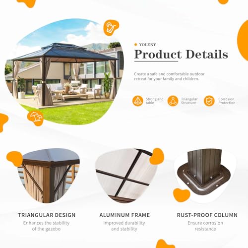 YOLENY 10'x13' Hardtop Gazebo with Aluminum Frame and Curtains F853