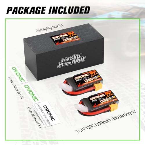 OVONIC Lipo Battery 11.1V 1300mAh 3S with XT60 for RC FPV Drone (2 Pack) Q180