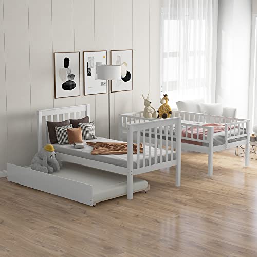 Twin-Over-Twin Bunk Bed with Trundle and Storage Staircase, Solid Wood, White I987686