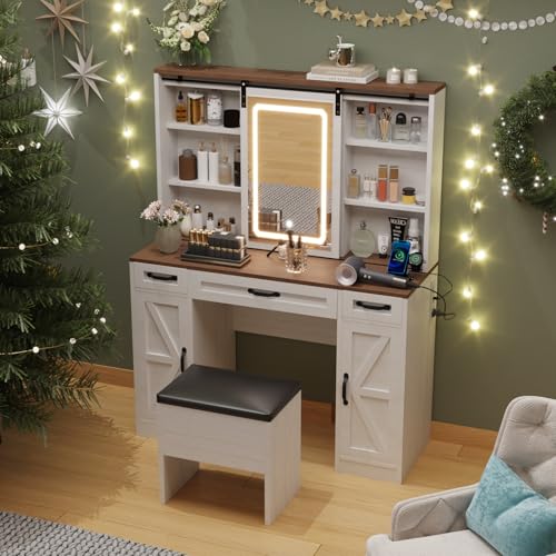 Farmhouse Vanity Desk with Lighted Mirror & Stool, 8 Shelves, 5 Drawers L80251