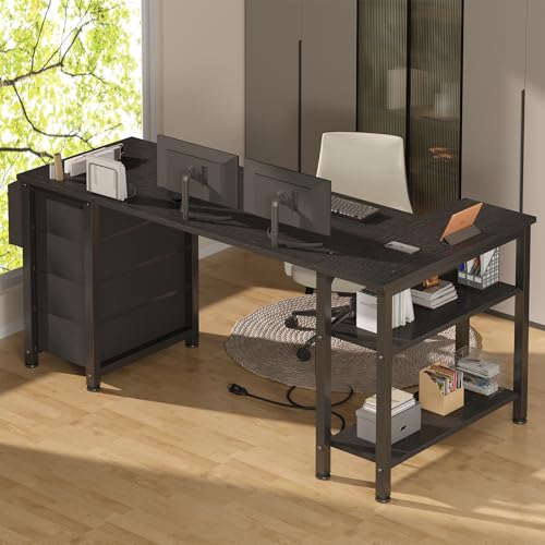 Lufeiya L Shaped Gaming Desk with Drawers & Power Outlet, Black A39519
