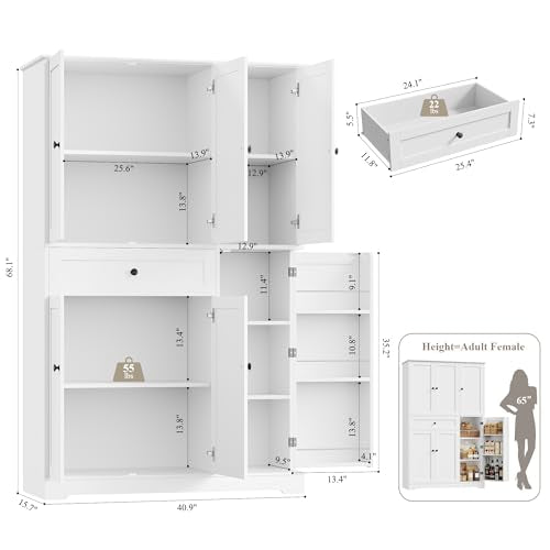 HOSTACK 68" Tall Kitchen Pantry Storage Cabinet with Doors and Shelves, White W23162