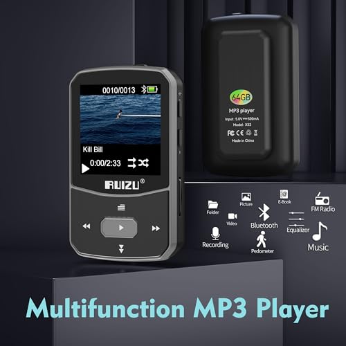RUIZU 64GB Clip MP3 Player with Bluetooth 5.3, Red D1527