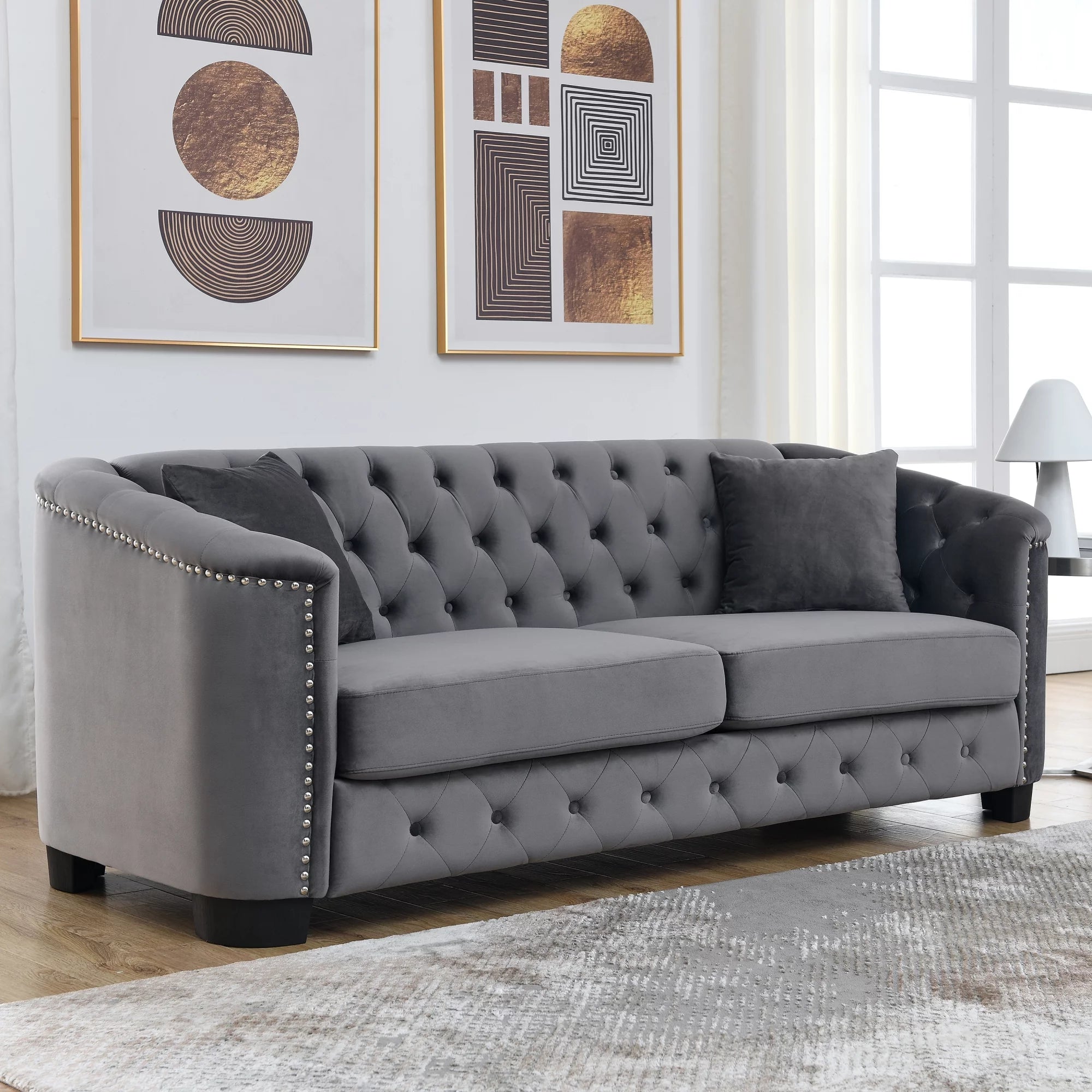 77-Inch Modern Chesterfield Velvet 3-Seater Sofa with Tufted Backrests, Grey E686