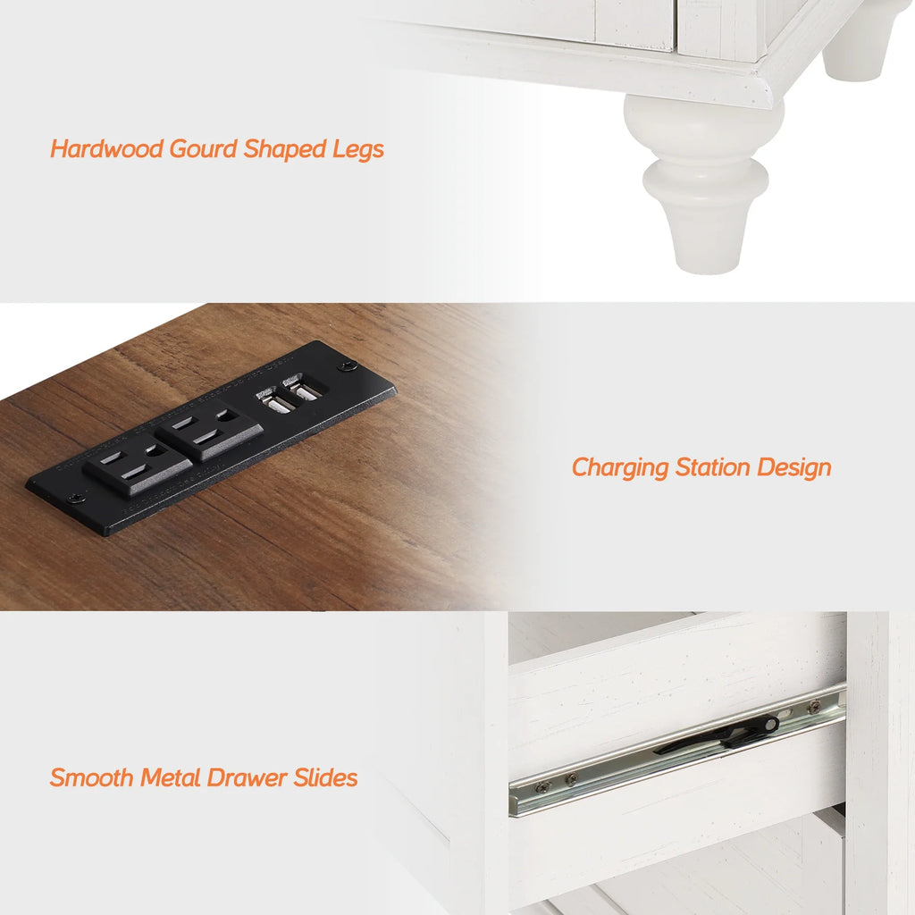 Set of 2 Nightstand with Charging Station, Bedside Table with Outlets, Wood End Table with Drawer, Off-White N19415