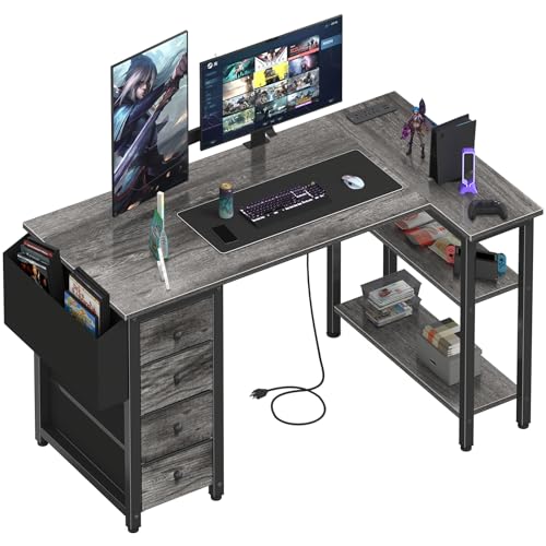 Lufeiya L Shaped Gaming Desk with Drawers & Power Outlet, Black A39519